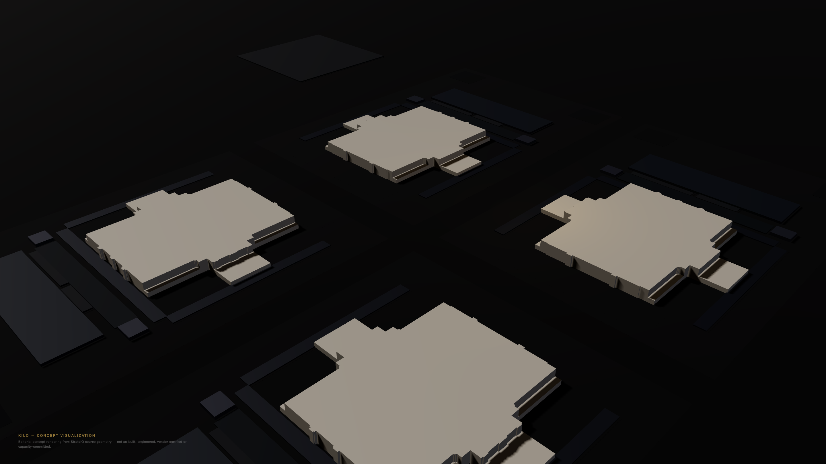 Kilo concept campus — four halls, editorial concept rendering from source geometry (studio view)