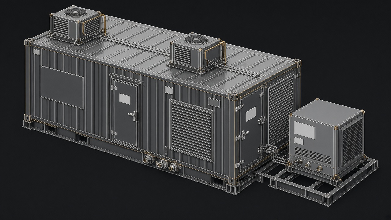 Isometric CAD — BESS container with PCS