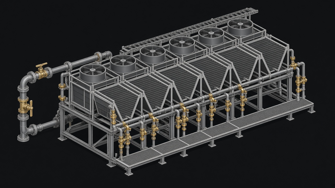 Isometric CAD — dry cooler bank for liquid-cooled halls