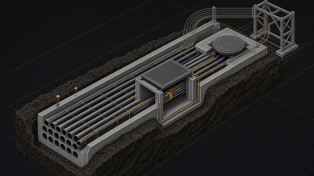 Isometric CAD — fiber duct bank and pull vault